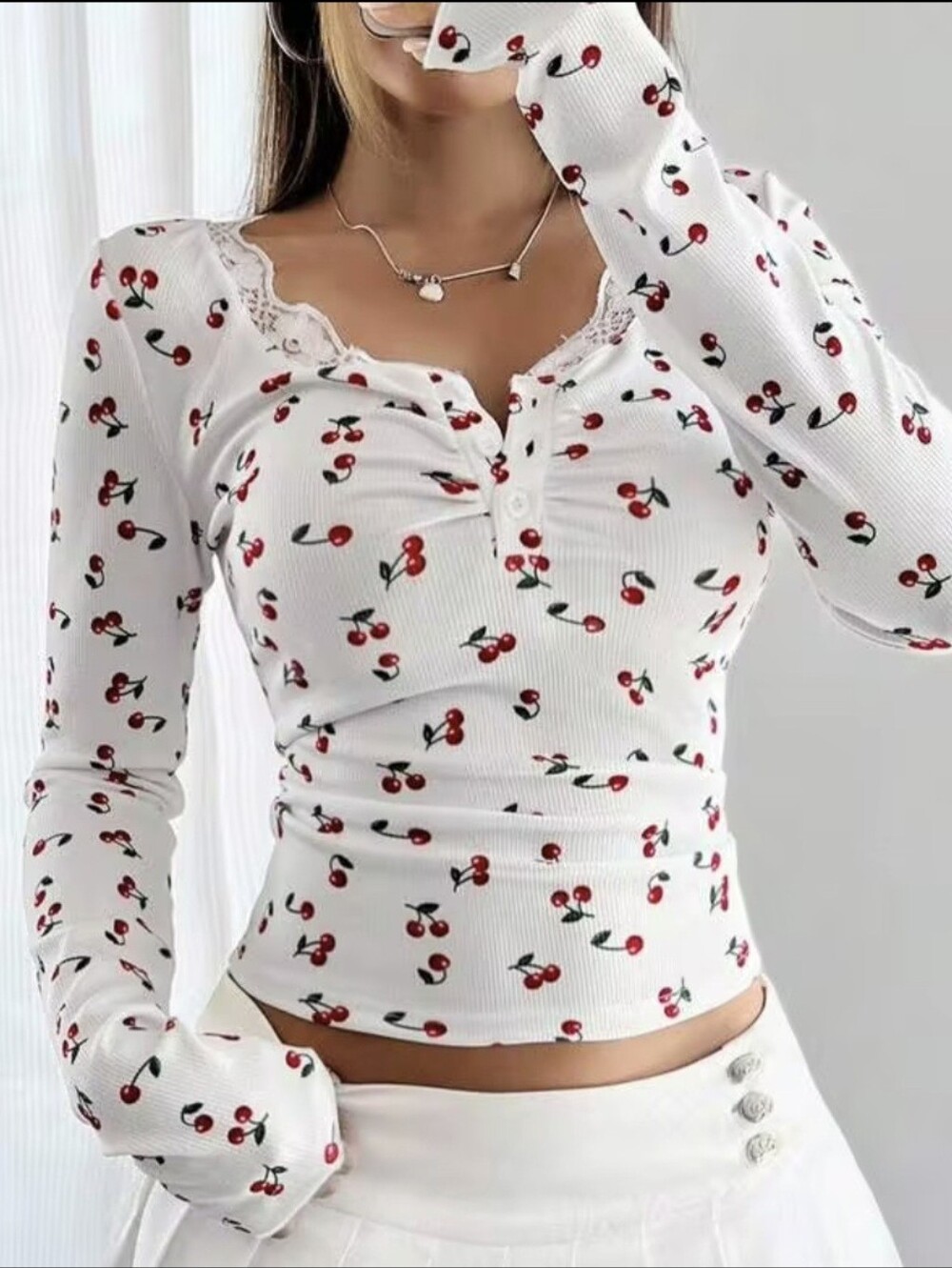 NEW Shein White Red Cherry Print Long-Sleeve Top W Buttons & Lace Trim Size XL